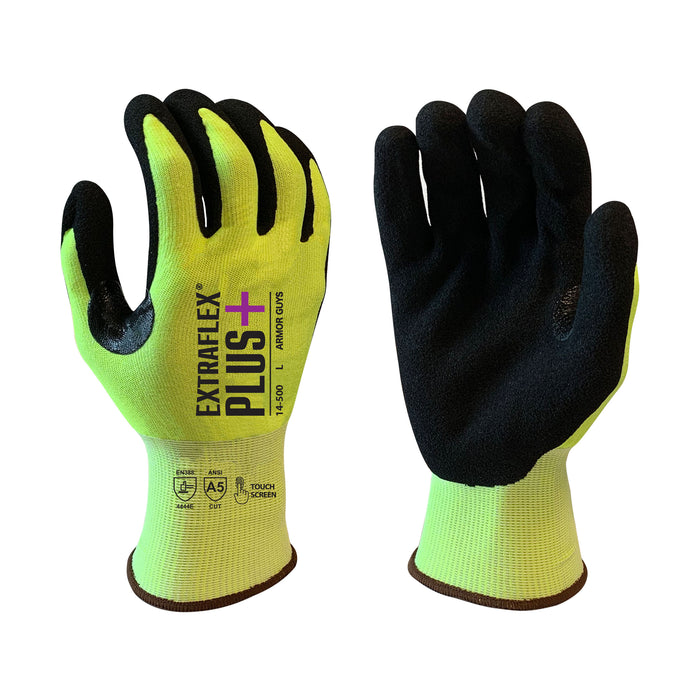 ExtraFlex Plus® 15g Hi Vis Yellow Liner w/ Black HCT® MicroFoam Nitrile Palm Coating, Thumb Crotch Reinforcement, Touch Screen, ANSI Cut Level 5