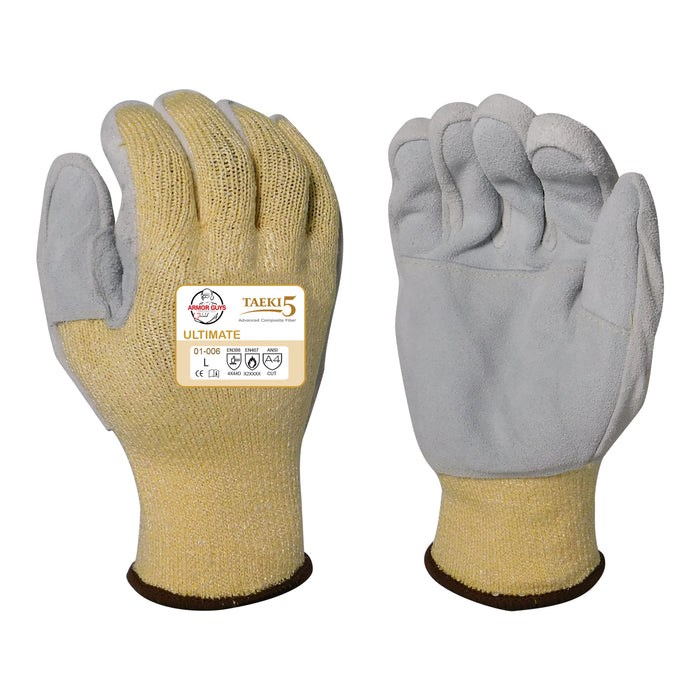 Taeki5® 10g Liner w/Sewn On Leather Palm, Reinforced Thumb Crotch & Fully Wrapped Leather Thumb, ANSI/ISEA 105 Cut Level A4