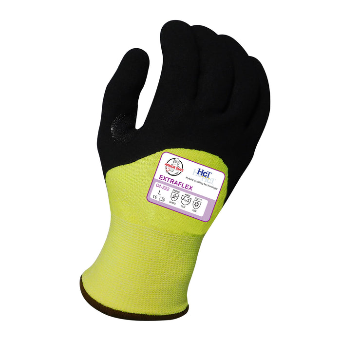 ExtraFlex® 13g Cut Resistant Hi-Vis Yellow Engineered Liner w/7g Poly-Acrylic Lining, Black Nitrile Micro Foam HCT® Palm Coating, Nitrile Reinforced Thumb Crotch & 3/4 Fingertip Coating, ANSI/ISEA 105 Cut Level A4