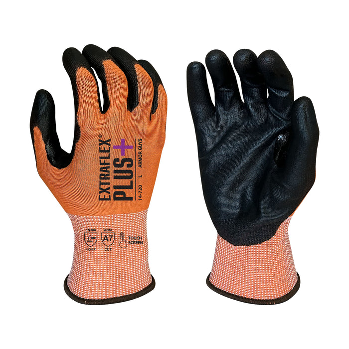 ExtraFlex Plus® 15g Orange Engineered Liner With Black PU Palm Coating, Thumb Croth Reinforcement, Touch Screen, ANSI/ISEA 105 Cut Level A7