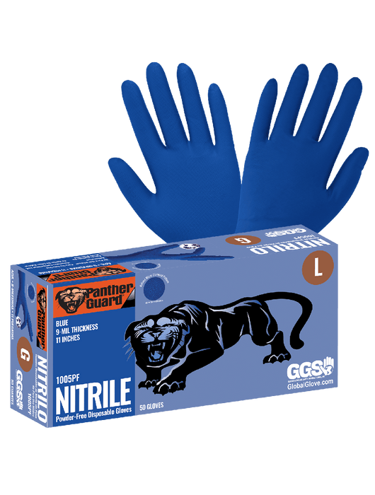 Panther-Guard® Disposable Glove, 9 mil Blue Nitrile, Powder-Free, Raised Micro Diamond, Pattern, 11"