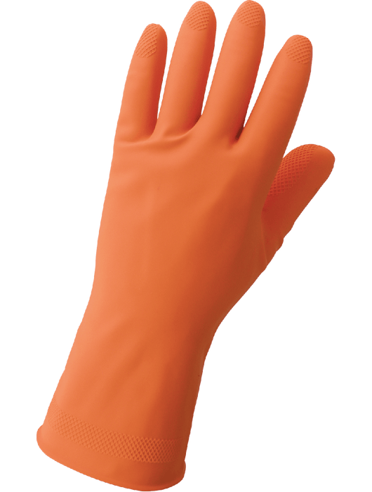 FrogWear® 18 mil Unsupported Gloves, Orange Flock-Lined Latex, Rolled Cuff, Raised Diamond Grip Pattern, 12"