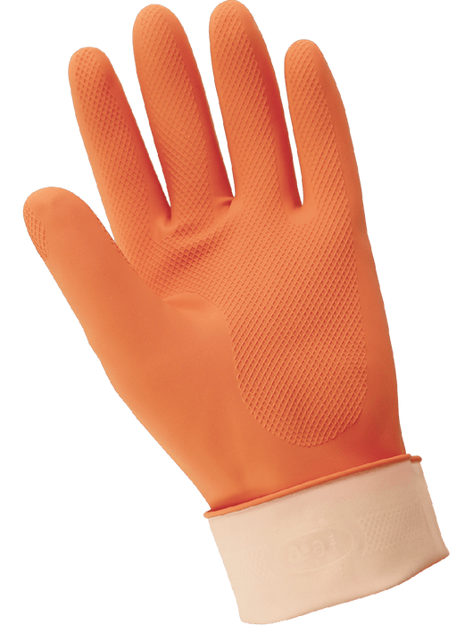 FrogWear® 18 mil Unsupported Gloves, Orange Flock-Lined Latex, Rolled Cuff, Raised Diamond Grip Pattern, 12"