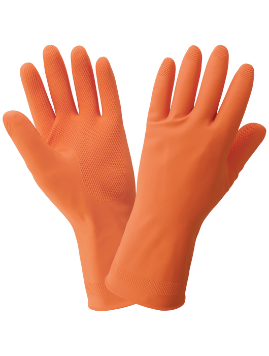 FrogWear® 18 mil Unsupported Gloves, Orange Flock-Lined Latex, Rolled Cuff, Raised Diamond Grip Pattern, 12"