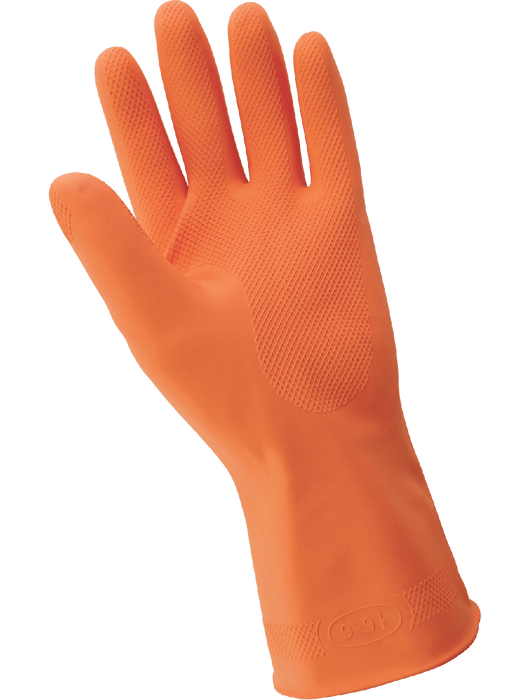 FrogWear® 18 mil Unsupported Gloves, Orange Flock-Lined Latex, Rolled Cuff, Raised Diamond Grip Pattern, 12"