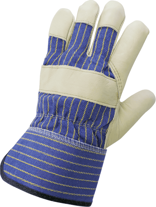 Leather Palm, Blue/Yellow Striped Canvas Back, Rubberized Safety Cuff