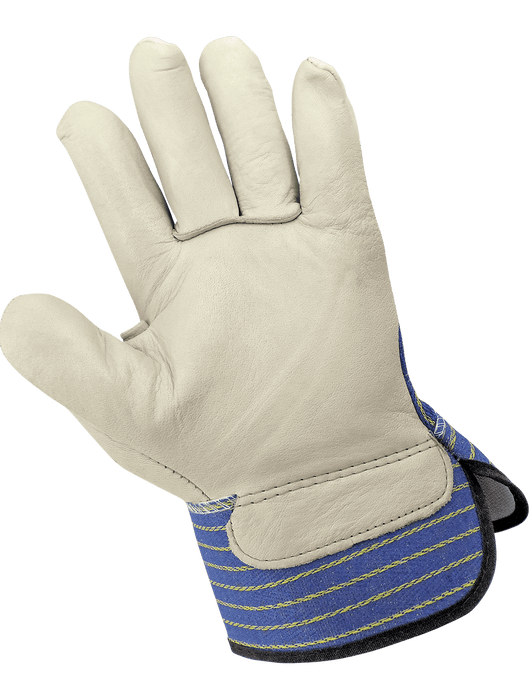 Leather Palm, Blue/Yellow Striped Canvas Back, Rubberized Safety Cuff