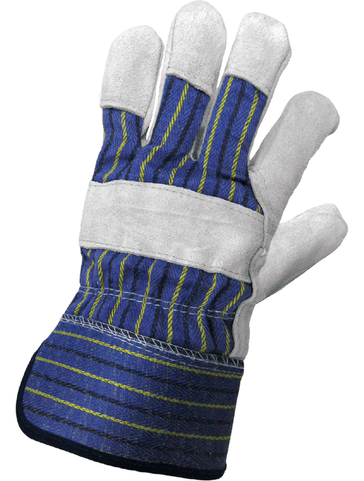 Premium Split Cow Leather Palm, Rubberized Safety Cuff, Gunn Cut. Blue/Yellow/Black Striped Canvas Back