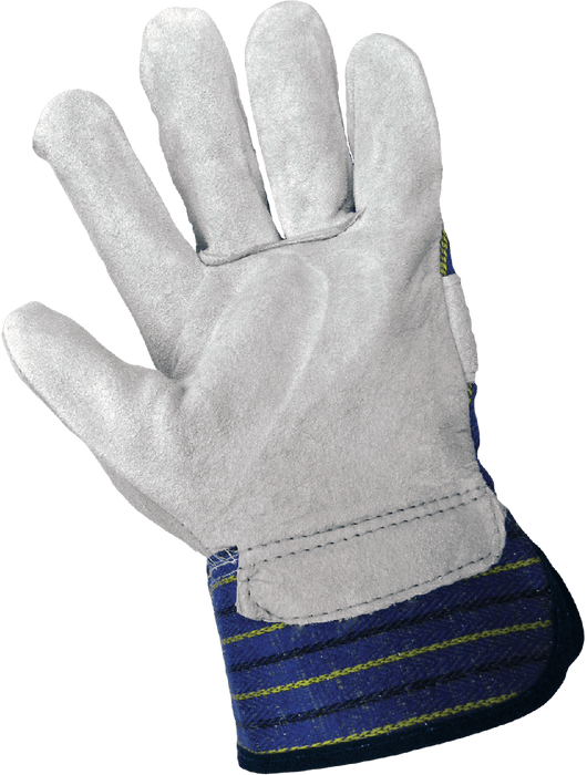 Premium Split Cow Leather Palm, Rubberized Safety Cuff, Gunn Cut. Blue/Yellow/Black Striped Canvas Back
