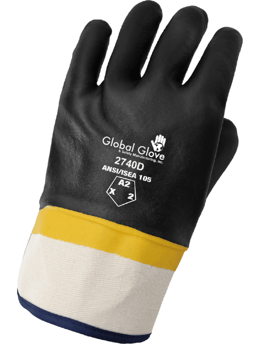 Double-Dipped PVC Gloves, Band Top Yellow PVC, Black PVC Over the Top, Sanded Finish, 10½": Size Large