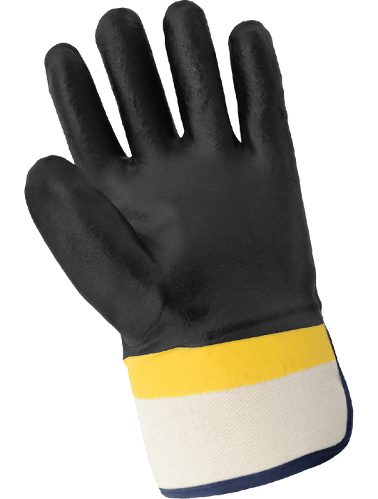 Double-Dipped PVC Gloves, Band Top Yellow PVC, Black PVC Over the Top, Sanded Finish, 10½": Size Large