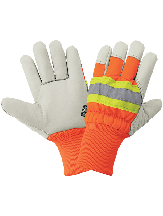 Low-Temperature Leather Palm, Standard-Grade Beige Grain Cowhide Leather, 3M™ Scotchlite™ Reflective Knuckle Band w/Contrasting Yellow/Green Trim, Wing Thumb, Knit Wrist