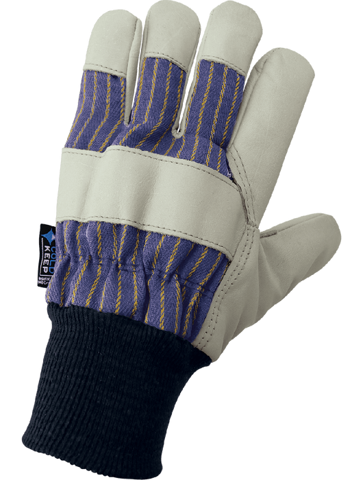 Low-Temperature Leather Palm, Leather Knuckle Band, Gunn Cut Pattern, Blue/Yellow Striped Canvas Back, Wing Thumb, Knit Wrist