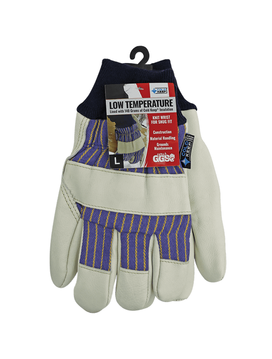 Low-Temperature Leather Palm, Leather Knuckle Band, Gunn Cut Pattern, Blue/Yellow Striped Canvas Back, Wing Thumb, Knit Wrist