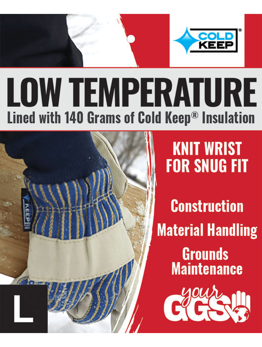 Low-Temperature Leather Palm, Leather Knuckle Band, Gunn Cut Pattern, Blue/Yellow Striped Canvas Back, Wing Thumb, Knit Wrist