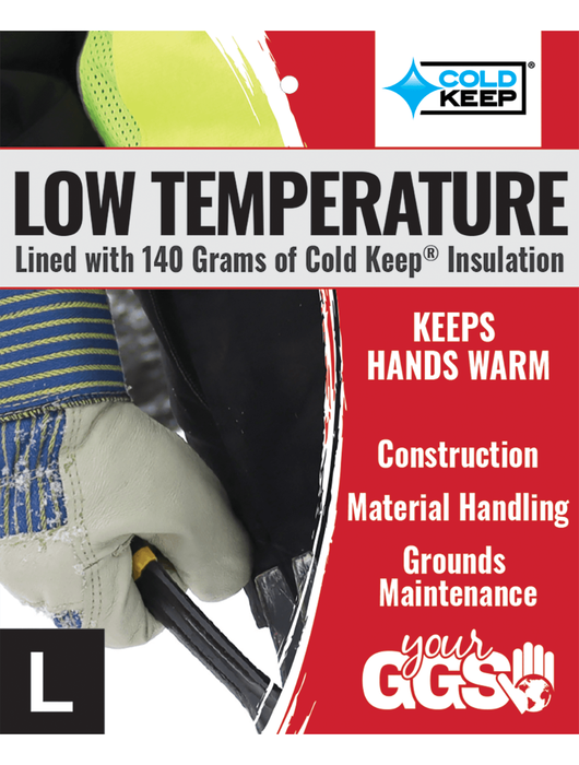 Low-Temperature Leather Palm, Standard-Grade Beige Grain Cowhide Leather, Leather Knuckle Band, 140 grams of Cold Keep® Insulation, Wing Thumb, Safety Cuff
