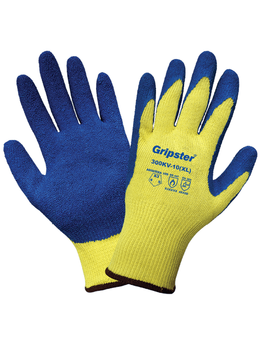 Gripster® 10g Sewn with DuPont™ Kevlar® Fiber Shell, Flat Dipped Blue Etched Rubber Coating, ANSI/ISEA 105 Cut Level A3