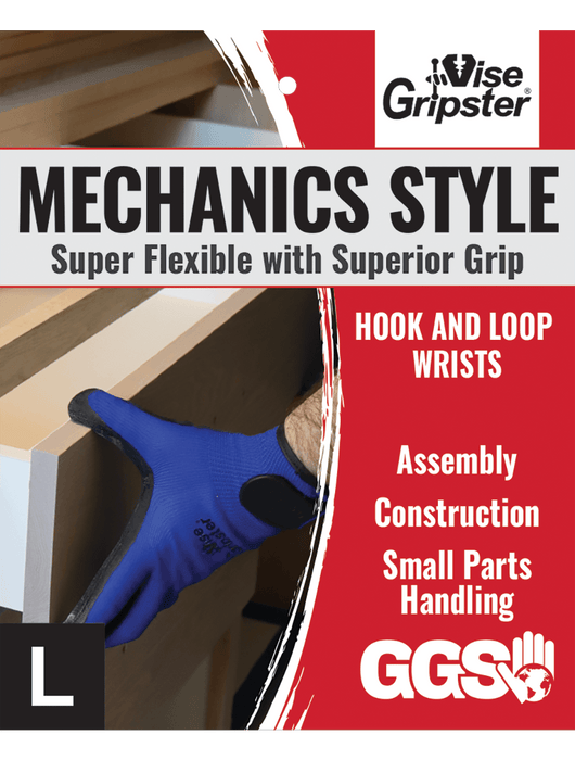 Vise Gripster® - 13-Gauge Seamless Blue Nylon Liner, Palm Dipped Black Rubber, Knit Wrist, Hook & Loop Closure