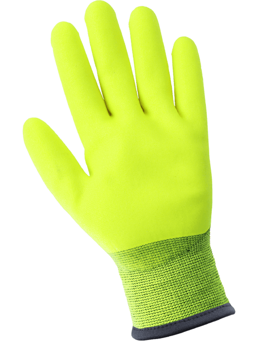 Ice Gripster® Low Temperature, 13g Hi-Vis Lime Seamless Nylon Shell, Brushed Acrylic Terry Cloth Inner Liner, Foam PVC ¾ Coated Palm, Knit Wrist, ANSI/ISEA 105 cut level A2