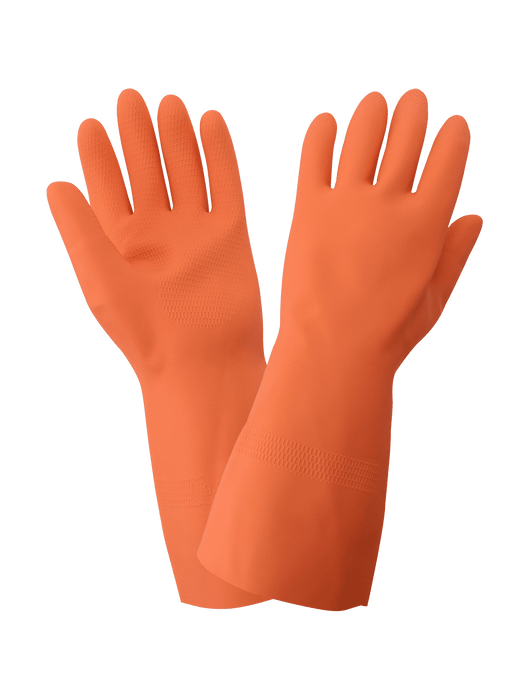 FrogWear® Unsupported, Orange Natural Rubber, 30 mil Thickness, Cotton Flock-Lined Interior, Honeycomb Pattern Grip, Straight Cuff, 13", FDA Compliant