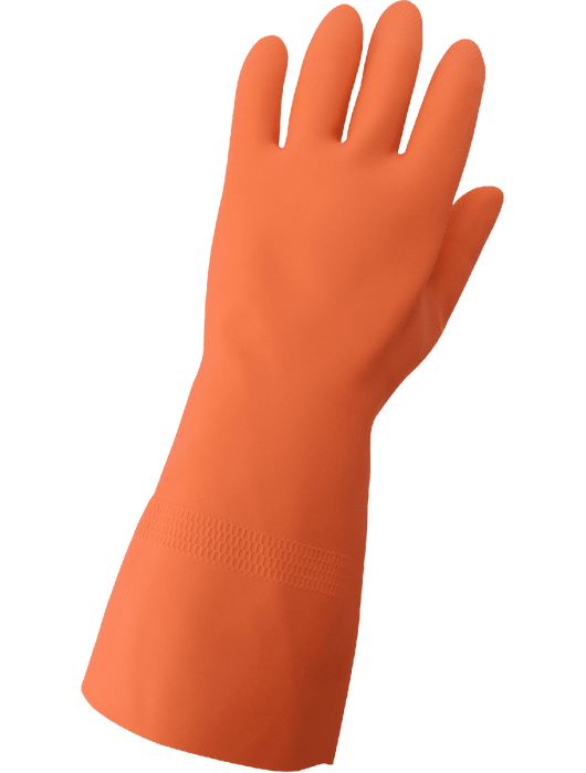 FrogWear® Unsupported, Orange Natural Rubber, 30 mil Thickness, Cotton Flock-Lined Interior, Honeycomb Pattern Grip, Straight Cuff, 13", FDA Compliant