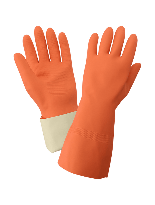 FrogWear® Unsupported, Orange Natural Rubber, 30 mil Thickness, Cotton Flock-Lined Interior, Honeycomb Pattern Grip, Straight Cuff, 13", FDA Compliant