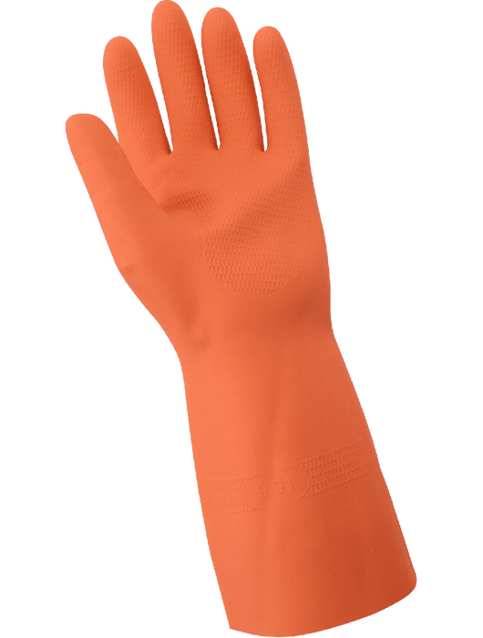 FrogWear® Unsupported, Orange Natural Rubber, 30 mil Thickness, Cotton Flock-Lined Interior, Honeycomb Pattern Grip, Straight Cuff, 13", FDA Compliant
