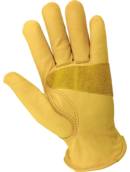 Premium Grade Leather Drivers Gloves, Gold Grain Cowhide, Reinforced Split Leather Palm Patch, Gunn Cut Pattern