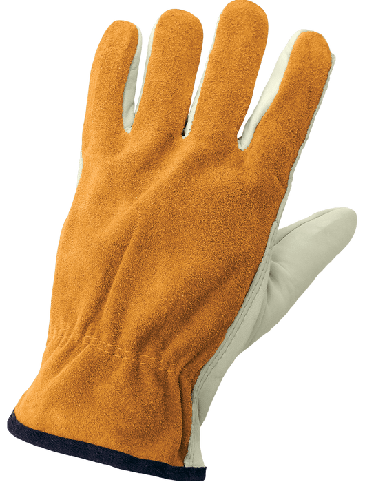 Leather Drivers, Premium-Grade Beige Grain Cowhide Palm, Gunn Cut Pattern, Gold Standard-Grade Split Cowhide Leather Back, Keystone Thumb, Open Cuff