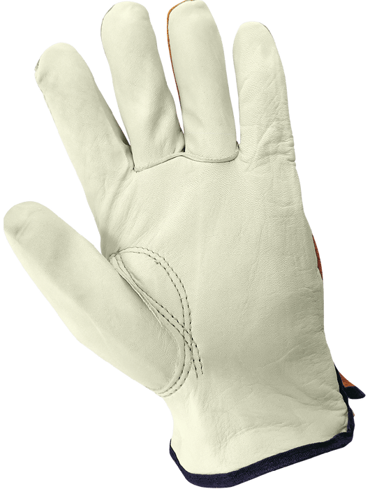 Leather Drivers, Premium-Grade Beige Grain Cowhide Palm, Gunn Cut Pattern, Gold Standard-Grade Split Cowhide Leather Back, Keystone Thumb, Open Cuff