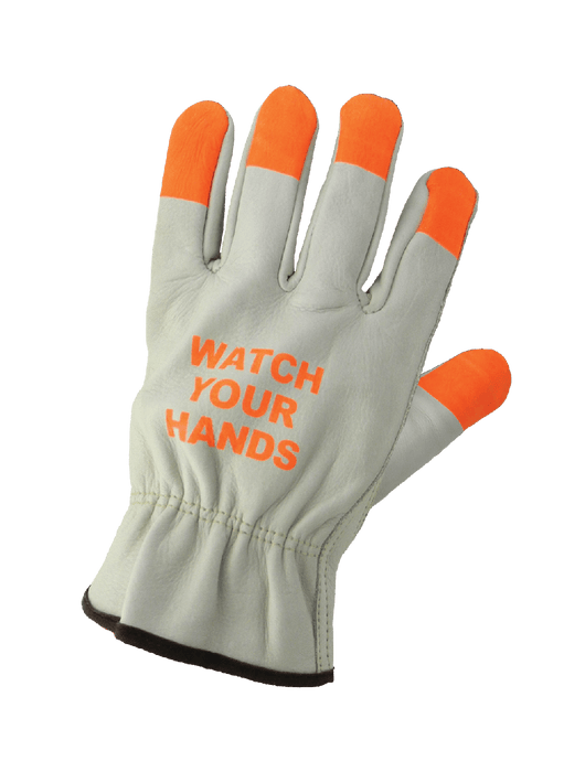 Leather Drivers with Hi-Vis Orange Fingertips & "Watch Your Hands" on Back