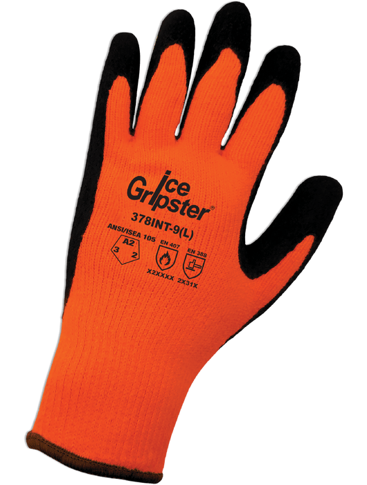 Ice Gripster®- Water Repellent Heavy Napped Acrylic Shell, Palm Dipped Black Foam Latex, Hi-Vis Orange, ANSI Cut Level A2
