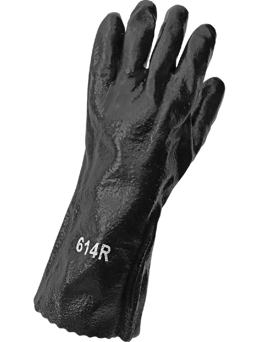 Economy Black PVC Chemical Handling Gloves, Cotton Interlock Liner, Semi-Rough Finish Grip, 14" Gauntlet Cuff, Large