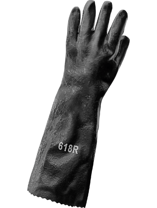 Economy Black PVC Chemical Handling Gloves, Cotton Interlock Liner, Semi-Rough Finish Grip, 18" Gauntlet Cuff, Large