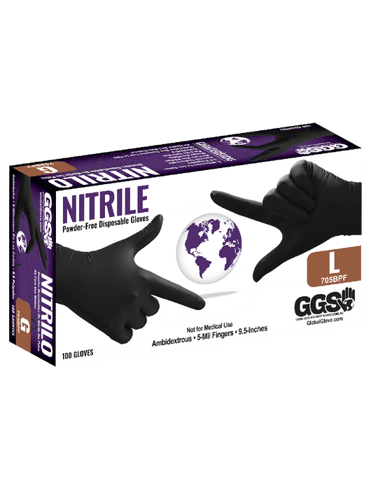 Disposable Glove, 5 mil Black Nitrile Powder-Free, Textured Finish, Ambidextrous, Industrial Grade, 9", Rolled/Beaded Cuff