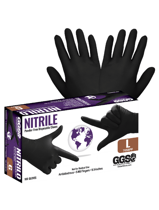 Disposable Glove, 5 mil Black Nitrile Powder-Free, Textured Finish, Ambidextrous, Industrial Grade, 9", Rolled/Beaded Cuff