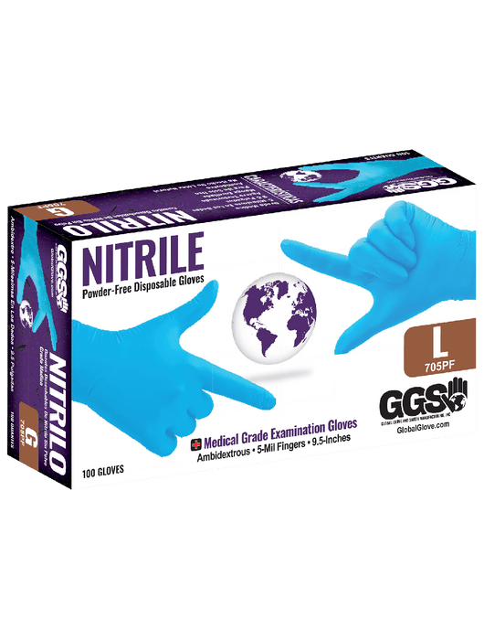 Disposable Glove, 5 mil Blue Nitrile, Powder-Free, Textured Finish, Ambidextrous, Industrial Grade, 9", Rolled/Beaded Cuff