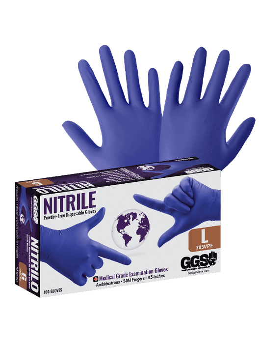 Disposable Glove, 5 mil Royal Blue Nitrile Powder-Free, Textured Fingertips, Ambidextrous, Medical Grade, 9½", Rolled/Beaded Cuff, Component Materials Comply w/FDA Regulations for Food Contact