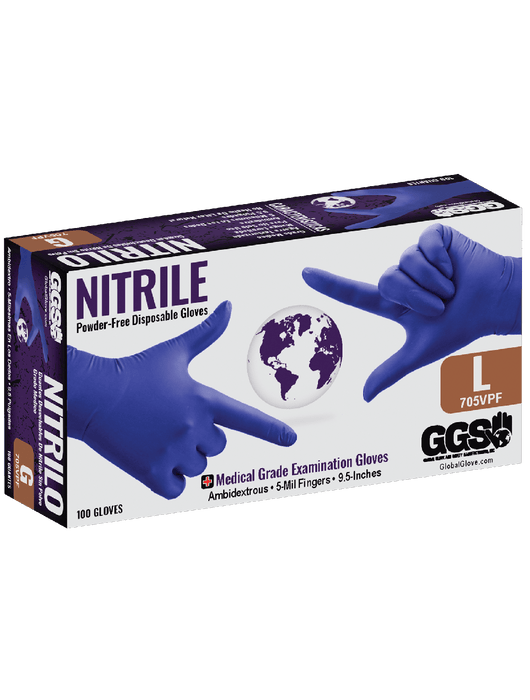 Disposable Glove, 5 mil Royal Blue Nitrile Powder-Free, Textured Fingertips, Ambidextrous, Medical Grade, 9½", Rolled/Beaded Cuff, Component Materials Comply w/FDA Regulations for Food Contact