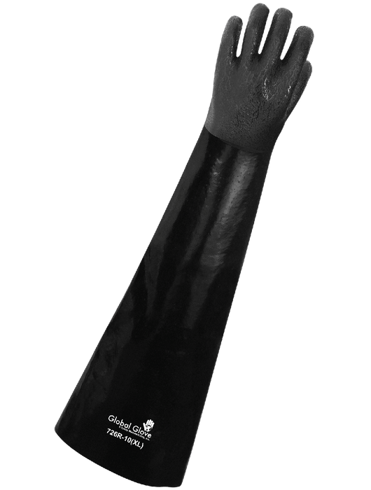 Premium PVC Chemical Handling Supported Glove on Jersey Liner, Black Sandpaper Finish Grip, 26" Shoulder-Length Gauntlet Cuff
