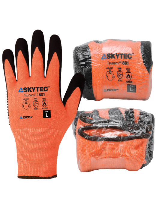 Tsunami Grip® - Mach Finish Nitrile, Nitrile Gots, 13-Gauge Hi-Vis Orange Thermal Protecting Acrylic Shell, EN 407 Level 1 Heat Contact, ANSI/ISEA 105 Cut Level A2