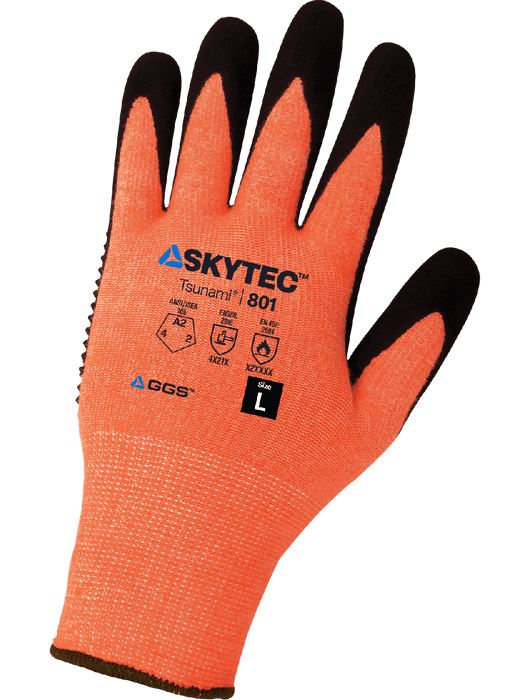 Tsunami Grip® - Mach Finish Nitrile, Nitrile Gots, 13-Gauge Hi-Vis Orange Thermal Protecting Acrylic Shell, EN 407 Level 1 Heat Contact, ANSI/ISEA 105 Cut Level A2