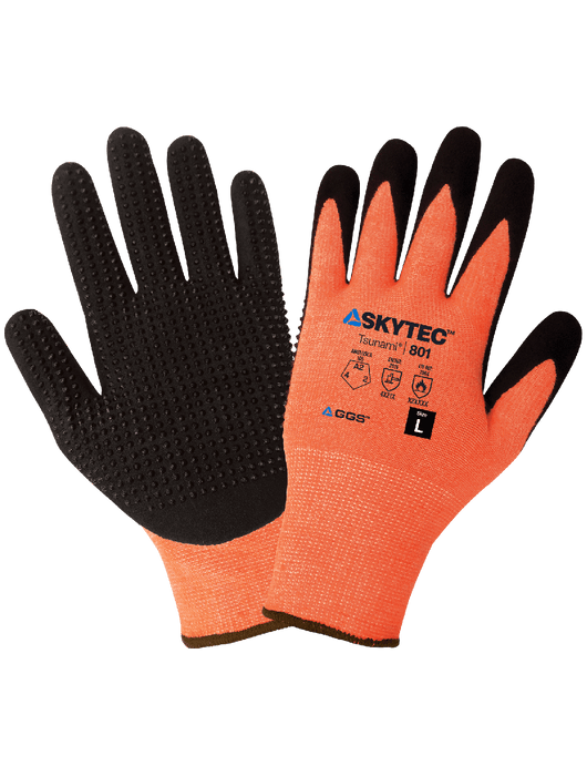 Tsunami Grip® - Mach Finish Nitrile, Nitrile Gots, 13-Gauge Hi-Vis Orange Thermal Protecting Acrylic Shell, EN 407 Level 1 Heat Contact, ANSI/ISEA 105 Cut Level A2