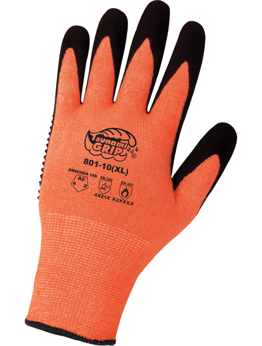 Tsunami Grip® - Mach Finish Nitrile, Nitrile Gots, 13-Gauge Hi-Vis Orange Thermal Protecting Acrylic Shell, EN 407 Level 1 Heat Contact
