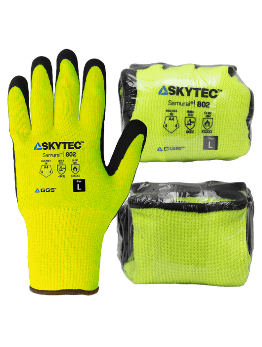 Samurai Glove® - Mach Finish Nitrile, Nitrile Dots, 10-Gauge Hi-Vis Lime Thermal Protecting Aramid Shell, ANSI/ISEA 105 Cut Level A3,  EN 407 Level 3 Heat Contact, Vend Pack
