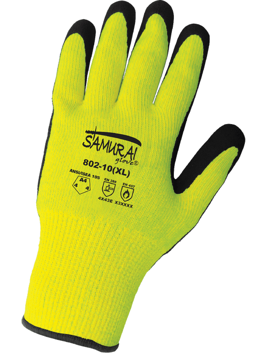 Samurai Glove® - Mach Finish Nitrile, Nitrile Dots, 10-Gauge Hi-Vis Lime Thermal Protecting Aramid Shell, ANSI Cut Level A4, EN 407 Level 3 Heat Contact