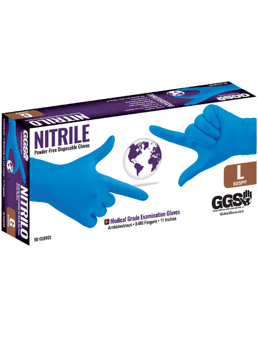 Disposable Glove, 8 mil. Blue Powder-Free Nitrile, 11", Rolled/Beaded Cuff