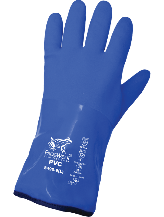 FrogWear® 12" Supported Chemical Handling Gloves, Triple-Dipped in Premium-Grade Blue PVC, 13g Seamless Cotton Liner Plus 7g Brushed Acrylic Terry Cloth Dual Inner Liner