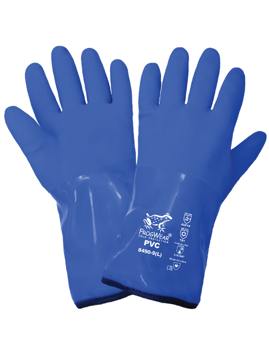 FrogWear® 12" Supported Chemical Handling Gloves, Triple-Dipped in Premium-Grade Blue PVC, 13g Seamless Cotton Liner Plus 7g Brushed Acrylic Terry Cloth Dual Inner Liner