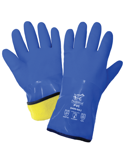 FrogWear® 12" Supported Chemical Handling Gloves, Triple-Dipped in Premium-Grade Blue PVC, 13g Seamless Cotton Liner Plus 7g Brushed Acrylic Terry Cloth Dual Inner Liner